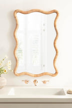 Kate and Laurel Rahfy Boho Scalloped Rectangle Rattan Wall Mirror, 24 x 36, Natural Wood, Decorative Rectangular Wavy Mirror with Authentic Rattan Frame for Bathroom Mirror Decor