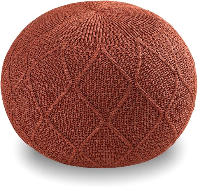 ARTPLAN Outdoor Round Pouf Ottoman Hand Knitted 100% Olifen Pouf Foot Stool, Foot Rest for Couch, Home Decor Pouffe Stuffed Pouf Floor Chair for Living Room, Bedroom,Lounge and Restroom,Brick Red