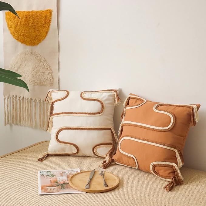 Jonhier Bohemian Throw Pillow Covers, Mid Century Simplicity Square Pillow Case with Fringes, Neutral Textured Cushion Cases, Boho Farmhouse Décor for Living Room and Bedroom (18'' x 18'', White)