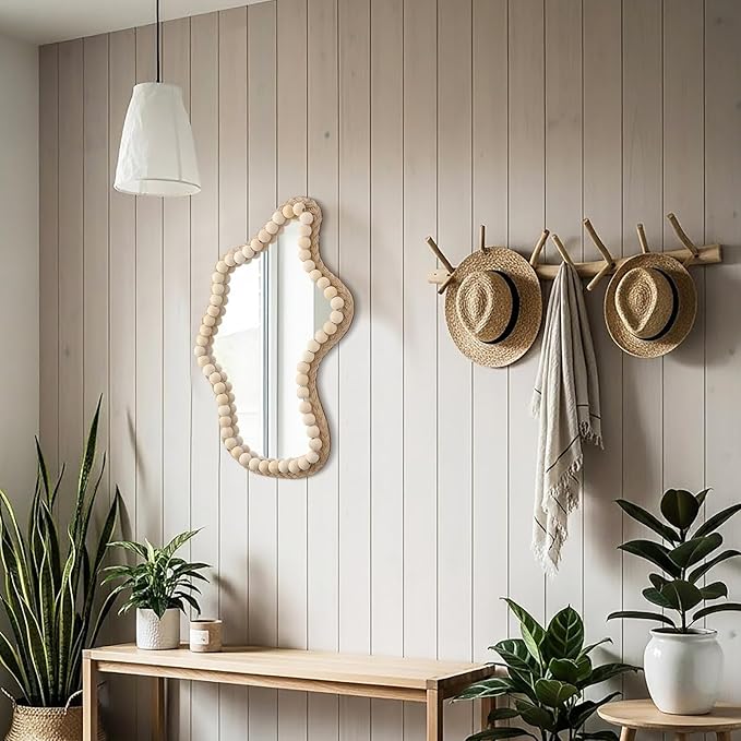 Boho Wall Decor Mirror 14"x9" Irregular Wall Mirror Small Farmhouse Rustic Decorative Wooden Bead Hanging Mirrors for Bedroom Living Room Vanity Entryway Over Sink Modern Home Decor