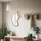 Boho Wall Decor Mirror 14"x9" Irregular Wall Mirror Small Farmhouse Rustic Decorative Wooden Bead Hanging Mirrors for Bedroom Living Room Vanity Entryway Over Sink Modern Home Decor