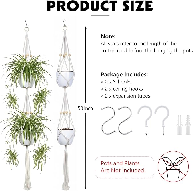 Macrame Plant Hanger, 2 Pack 50 Inch Hanging Plant Holder Indoor Outdoor Hanging Planter Basket with Hooks for Living Rooms, Balcony, Hallway, Kitchen, or Office