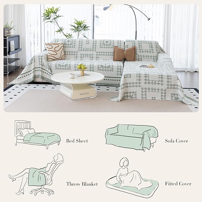 Houndstooth Sofa Covers Washable, Boho Couch Cover for Dogs Washablee, Sofa Blanket Cover, Medium Couch Covers for Recilner&Chair(1pc/Green/71×71")