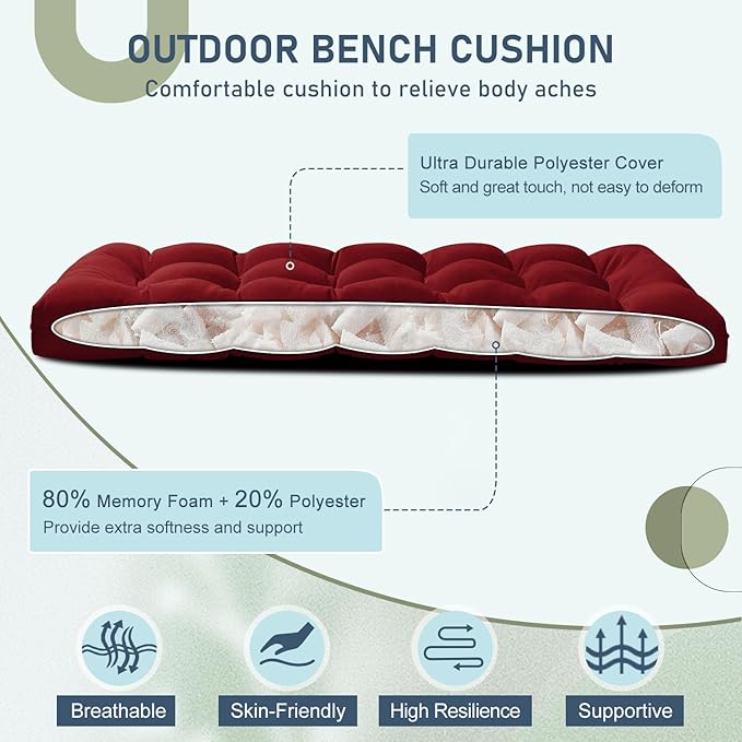downluxe Outdoor Bench Cushion for Patio Furniture, Water Resistant Tufted Overstuffed Porch Swing Cushions, Thick Outdoor Loveseat Cushions, 59" x 18" x 5", Burgundy, Set of 1
