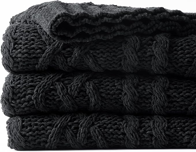 Battilo Black Throw Blanket for Couch, Cable Knit Blanket for Bed,Chair, Home Decor, Soft Cozy Woven Chenille Throw Blanket, Decorative Boho Throw Blanket, 51"x67"
