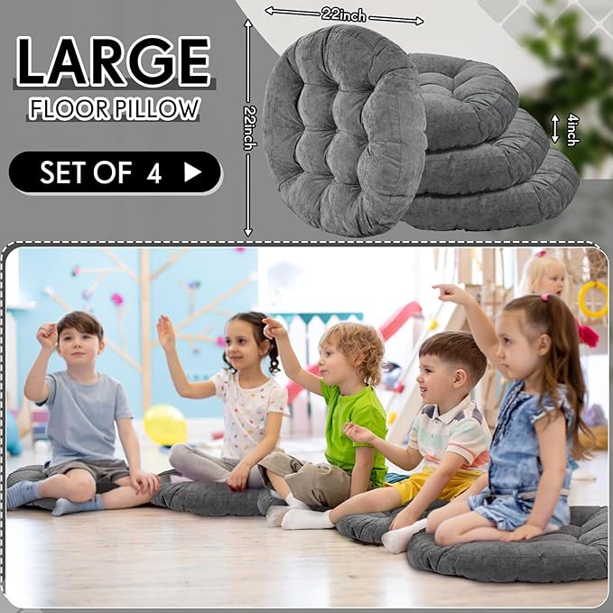 Jerify Floor Pillow Cushions Large Round Square Large Meditation Floor Pillow for Classroom Adult Meditation Picnic Party Seating Learning Daycare School(Round,Dark Grey,4 Pcs)