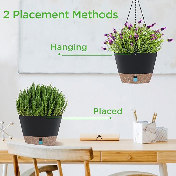 SOSMAR 2 Pack Hanging Planters, 10 Inch Hanging Pots with Visible Water Level, 6 Pcs Hooks, Decorative Flower Pot Holder with Drainage for Indoor Outdoor Use