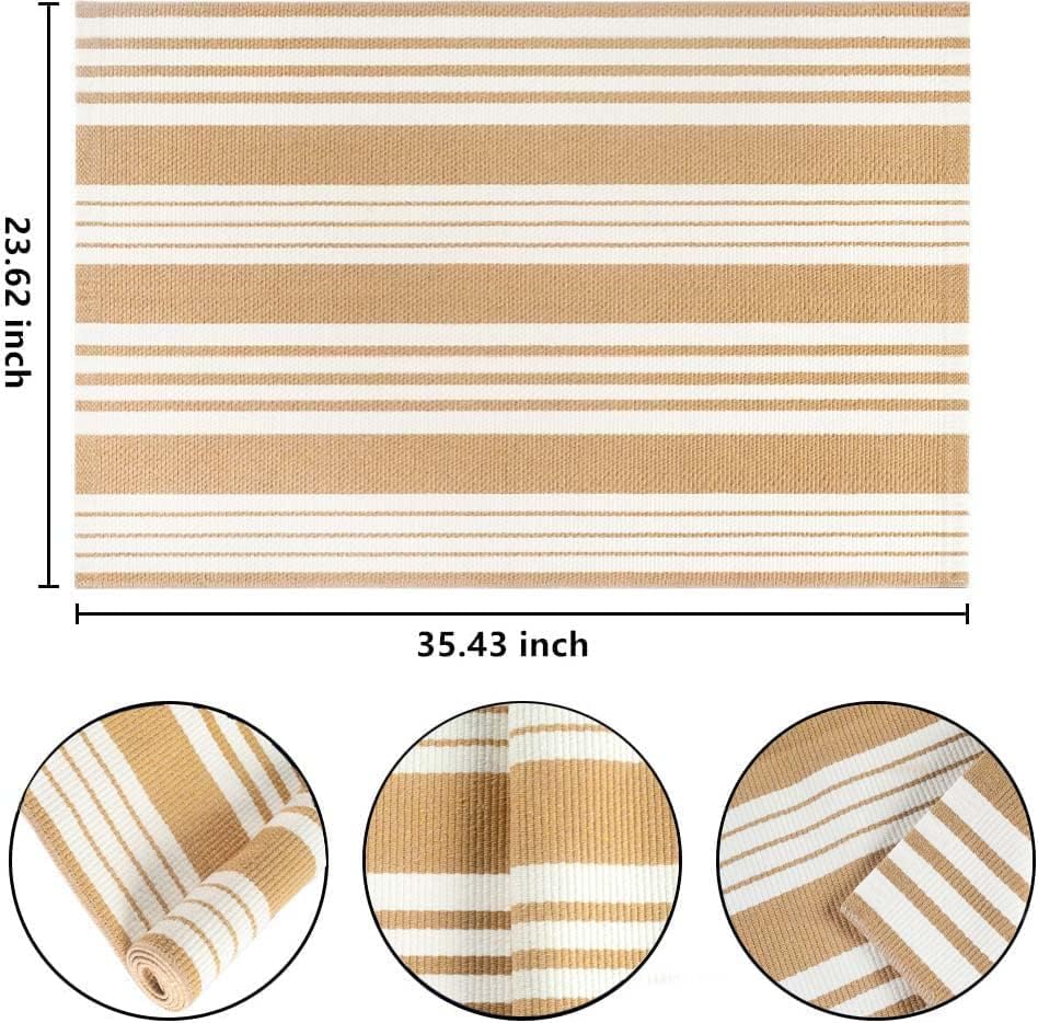 Khaki and White Striped Outdoor Rug 24'' x 35'' Door Mat Outdoor Machine Washable Welcome Mats Cotton Hand-Woven Entryway Rug for Front Porch/Entryway/Laundry/Bathroom/Bedroom - color: Khaki, size: 2' x 3' (Rectangular)