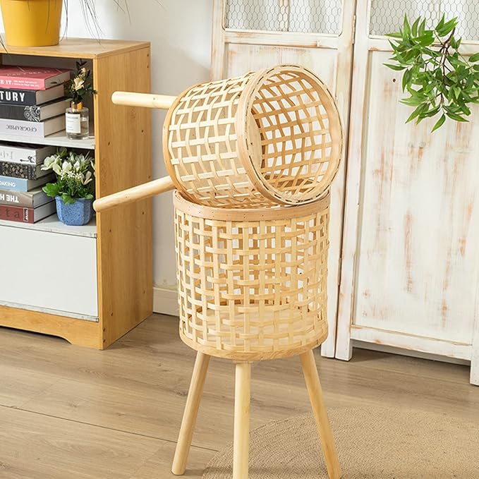 Bamboo Plant Stand,Handmade Woven Plant Stand with Removable Legs,Boho Plant Stand Tall Planters for Indoor Outdoor Plants(Khaki,M)