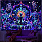 Yuiqear Blacklight Chakra Yoga Meditation Tapestry Mushroom Flower Wall Backdrop UV Reactive Mandala Tapestries Galaxy Space Jellyfish Tapestry Wall Hanging for Bedroom