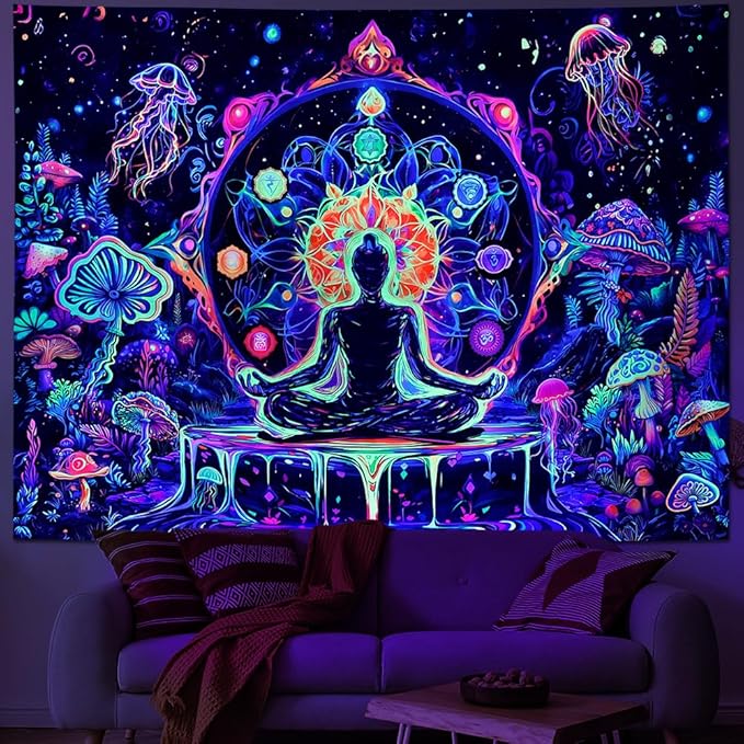 Yuiqear Blacklight Chakra Yoga Meditation Tapestry Mushroom Flower Wall Backdrop UV Reactive Mandala Tapestries Galaxy Space Jellyfish Tapestry Wall Hanging for Bedroom