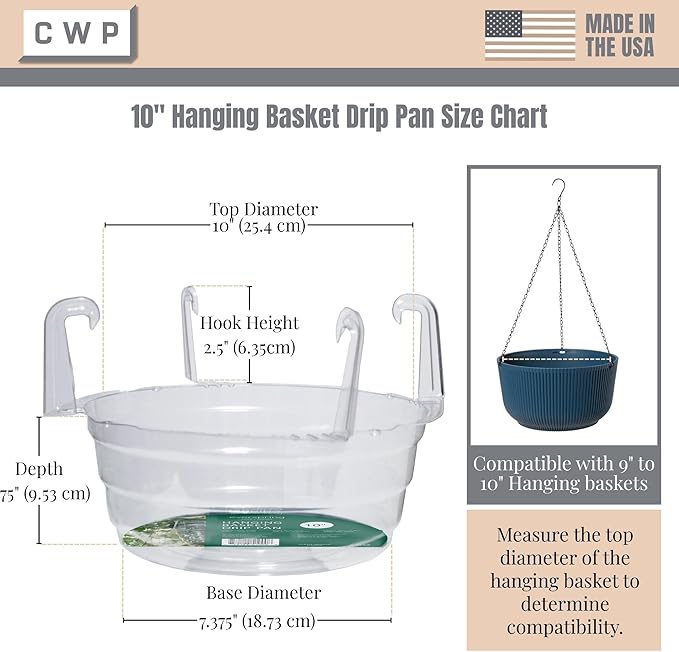 Curtis Wagner Plastics Hanging Basket Drip Pans (5-Pack) | Clear, Round (Diameter = 7.37" Base, 10" Top, 3.7" Depth) Hanging Plant Tray Saucer with Built-in Hooks & Water Catcher for Indoor & Outdoor