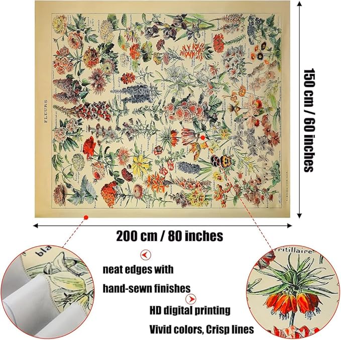 Vintage Flowers Tapestry 80”x60”, Long Vertical Wall Hanging Reference Illustrative Botanical Tapestries for Bedroom Aesthetic Floral Tapistry Botanical Plants Tapestry Wall Hanging Cute Bedroom Decor