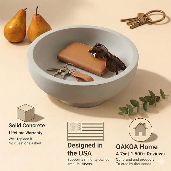 OAKOA Concrete Fruit Bowl for Kitchen Counter - Large Decorative Bowls for Home Decor - Modern Key Bowl for Entryway Table - Pedestal Bowl for Keys
