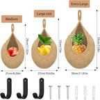 3 Pack Boho Wall Hanging Fruit Baskets, Woven Cotton Rope Hanging Storage Basket with 3 Hooks for Kitchen Vegetable Onion Potato Organizer, 3 Size
