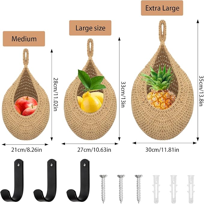 3 Pack Boho Wall Hanging Fruit Baskets, Woven Cotton Rope Hanging Storage Basket with 3 Hooks for Kitchen Vegetable Onion Potato Organizer, 3 Size