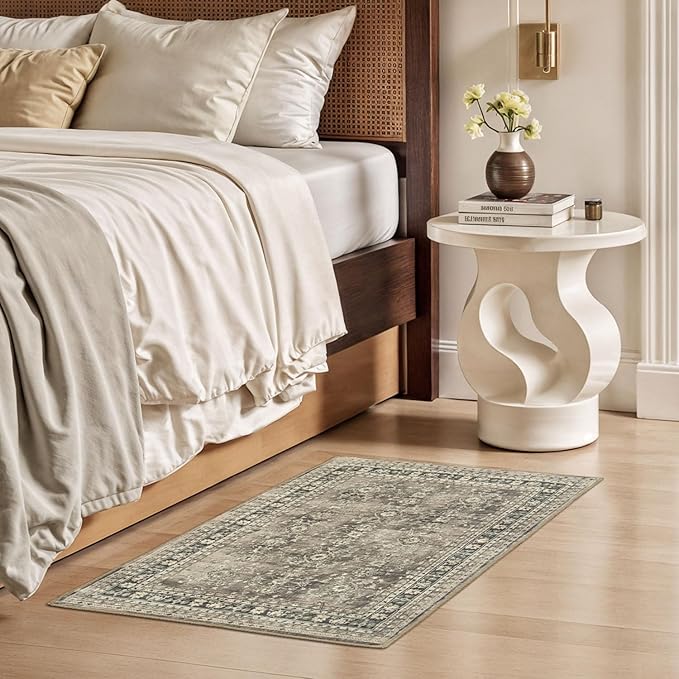 Lessymo Small Area Rugs 2x3 ft, Vintage Brown Machine Washable Rug for Entryway Kitchen Bathroom, Non Slip Low Pile Indoor Door Mat, Distressed Boho Floral Accent Carpet
