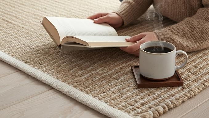 S & L Homes Jute Pulse Handwoven Natural Area Rug for Living Room Bedroom Kitchen Hallway Entryway- Rustic Vintage Farmhouse Decor - (9' x 12' Natural Ivory)