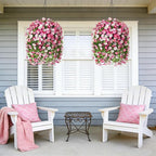 Artificial Flowers with Hanging Basket, Outdoor Faux Plants Silk Morning Glory Vines, Fake Green Arrangement for Garden Patio Spring Summer Decor (Pink)