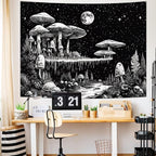 Yuiqear Black and White Mushroom Tapestry Fantasy Plant Floral Tapestries Moon Star Tapestries Starry Sky Tapestry Wall Hanging for Bedroom Decor