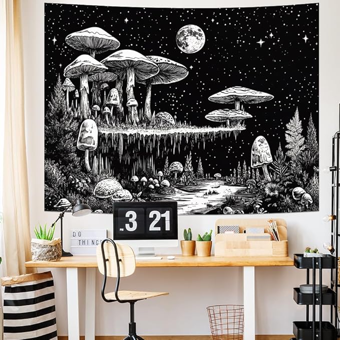 Yuiqear Black and White Mushroom Tapestry Fantasy Plant Floral Tapestries Moon Star Tapestries Starry Sky Tapestry Wall Hanging for Bedroom Decor