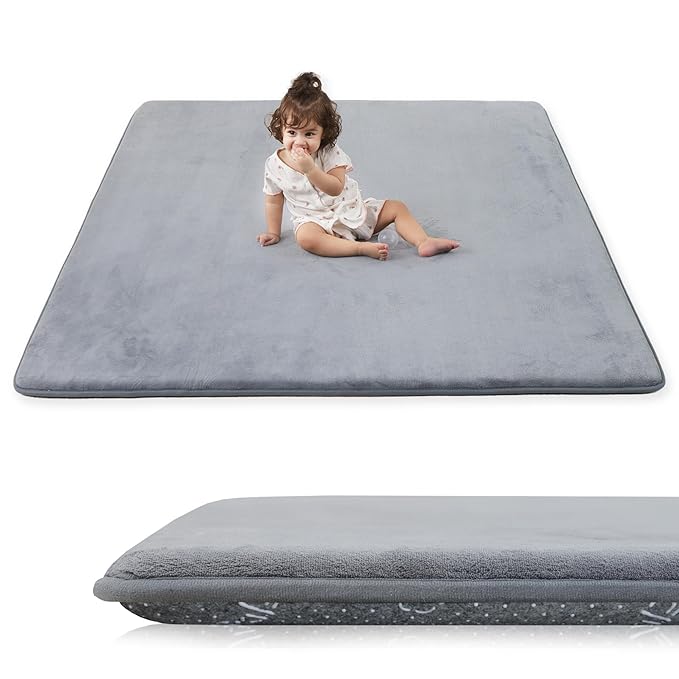 1.3" Thick Baby Play Mat for Floor, 79x79 Playpen Mat, Pro Soft Flannel Foam Mats Toddler Infant Kids Crawling for Nursery Rug Playroom Living Room Waterproof Easy Care Non-Slip (Light Grey)