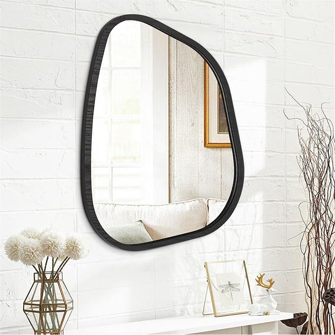 Irregular Bathroom Mirror Modern Oval Wall Mirror Asymmetrical Wooden Framed Wall Mirror Unique Shape Wall Mounted Vanity Artistic Mirror Decor for Living Room Bedroom Entryway Large 26"x18"