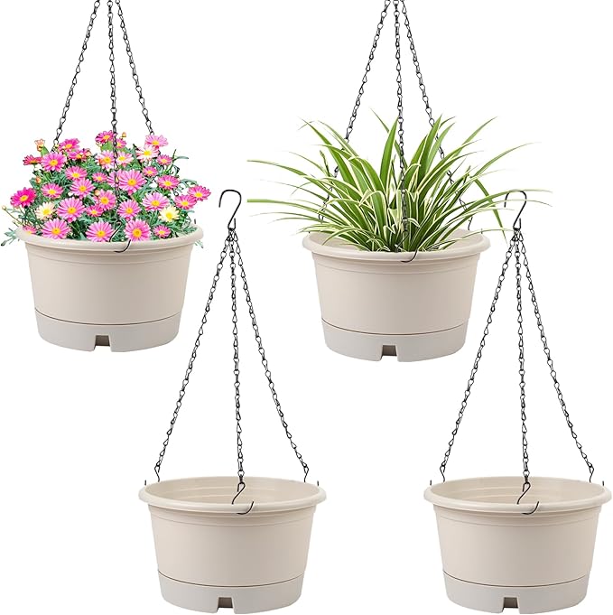 10 Inch Hanging Planters for Indoor Plants, 4 Pack Plastic Hanging Baskets with Removable Trays & 15.7" Chain, Outdoor Hanging Plant Pot for Home Garden Porch Balcony Patio Decor (Beige)