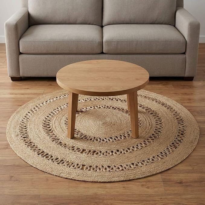 · REDEARTH · Round Area Rug - 5 Feet Braided Scalloped Earthy Trails Jute Rug- Artisan Made Boho Jute Patterned Rugs for Bedroom, Kitchen, Living Room, Farmhouse, Aesthetic, Handmade Vintage Décor