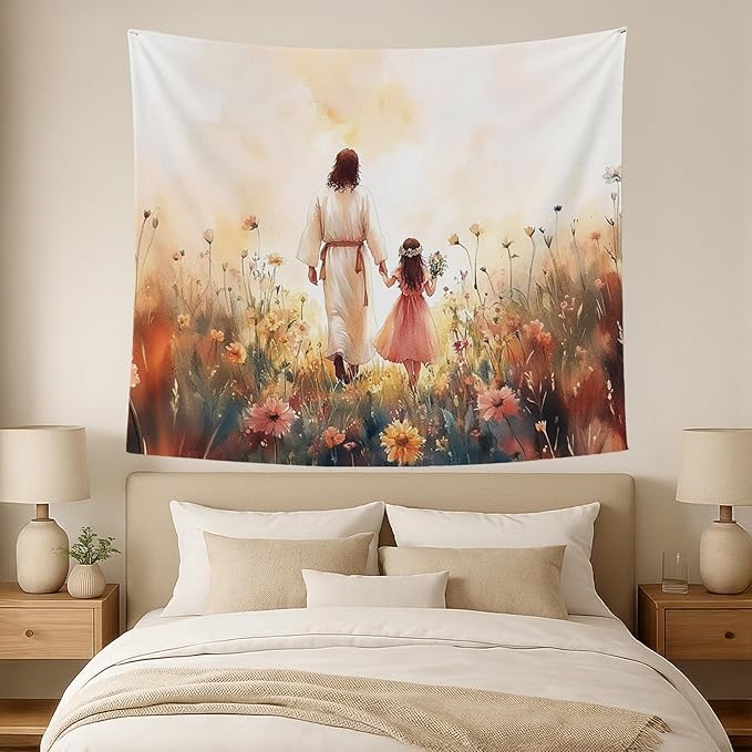 bitCNY Jesus and Girl Tapestry 60x50 Inches – Christian Tapestry for Kids Room, Gentle Faith Wall Hanging, Religious Art for Family Spaces