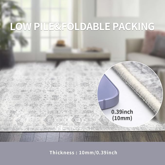 Washable 4×6 Area Rugs for Living Room, Vintage Floral Rug Soft Non Slip Stain Resistant Boho Carpet for Bedroom Dinning Room Kitchen Home Office Grey