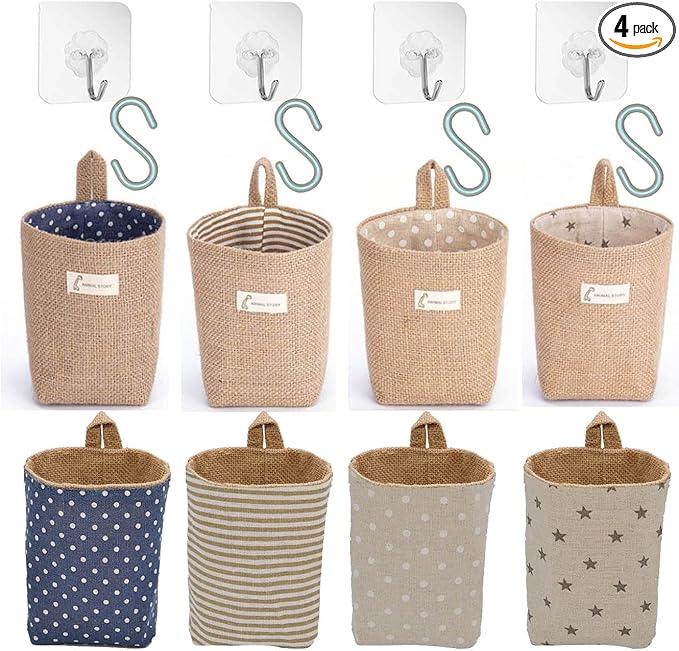 4 Pack Hanging Basket for Door,Small Wall Basket Decor,Jute Hanging Wall Storage,Wall Baskets for Plants,Boho Camper Decor Storage for Key, Sunglasses, Wallet on Door,with Mounting Hook