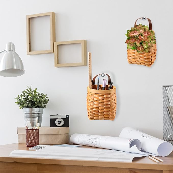 Yinkin 3 Pack 6 Inch Small Wall Hanging Basket Woven Wood Storage Basket Hanging Rope Organizer Flower Plants Vegetable Wall Decoration for Porch Living Room Bedroom Home(Brown)
