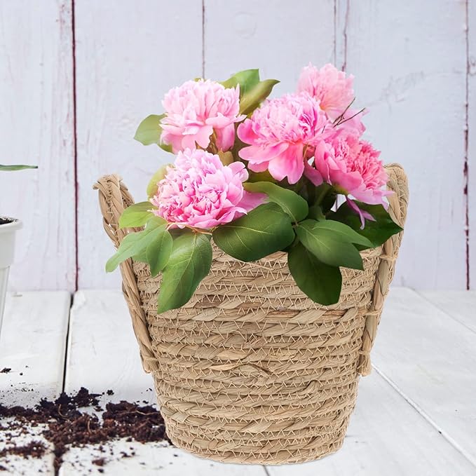 Zerodeko Seagrass Planter Basket Straw Plant Baskets Woven Basket Flower Plant Pot Wicker Plant Containers with Plastic Liner for Indoor Plants Laundry Room 20cm