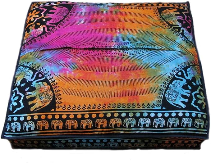 CRAFT KALA Mandala Floor Pillow Cushion Cover Seating Throw Cover Hippie Decorative Bohemian Ottoman Poufs Pom Pillow Cases Boho Indian Cotton Living Room Yoga Home Décor 35" Square Multi U.p Elephant