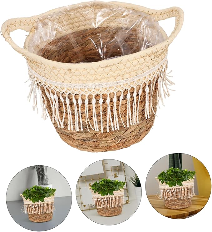 Toyvian Rustic Woven Planter Basket with Liner and Tassel Handcrafted Grass Rope Flower Pot Holder for Indoor Plants Boho Decorative Farmhouse Storage and Flower Arrangement Container