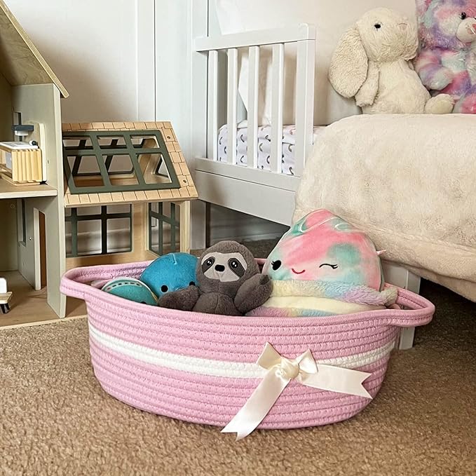 CHICVITA Pink Baby Girl Gift Basket, Small Woven Rope Basket, Rectangle Shelf Baskets for Bathroom, Cute Nursery Storage Baskets for Toys, Diapers, Towels, Snacks, 13 x 9.8 x 5 inches