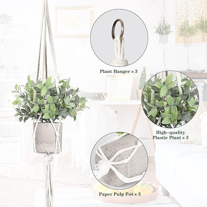 Artificial Plants 3 Pack Mini Fake Plants Fake Hanging Plants Artificial Decor with 3 Macrame Plant Hangers Decorative Plants Faux Hanging Plants Greenery Decor for Wall Kitchen Bathroom Home Office