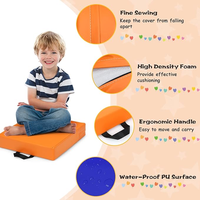 HONEY JOY 6PCS Floor Cushions for Kids, 15 Inch Flexible Alternative Portable Classroom Seating w/Handles, Easy to Clean, 3 Inch Thick Soft Foam Square Comfy Seats for Daycare Preschool(Square, Red)