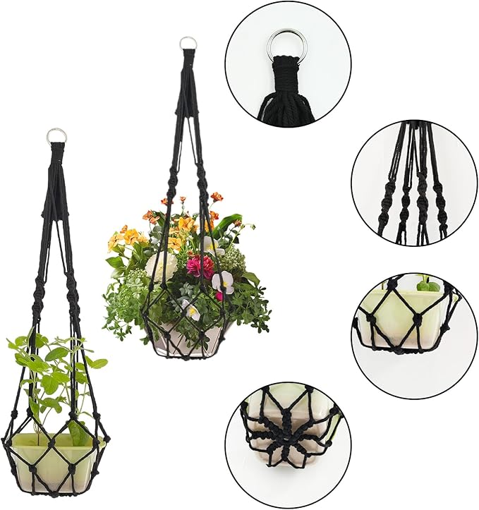 Boho Black Macrame Plant Hangers Set of 2 - Hanging Planter with Patterns, Handmade Cotton Rope Hanging Baskets for Indoor Outdoor Plants, Bohemian Home Wall Decor Art