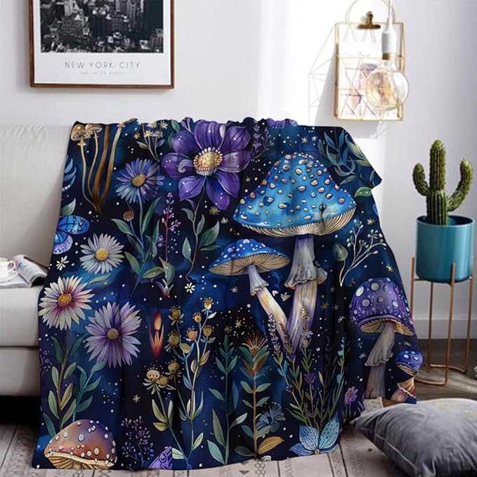Cute Whimsical Mushroom Throw Blanket Aesthetic Dark Botanical Florals Throw,Witchy Gifts for Women,Gothic Gifts,Soft Cozy Warm Moth Witchy Plush Blanket Throw for Women Girls Mom 70"x80"