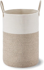 VIPOSCO Large Laundry Hamper, Tall Woven Rope Storage Basket for Blanket, Toys, Dirty Clothes in Living Room, Bathroom, Bedroom - 72L White & Brown