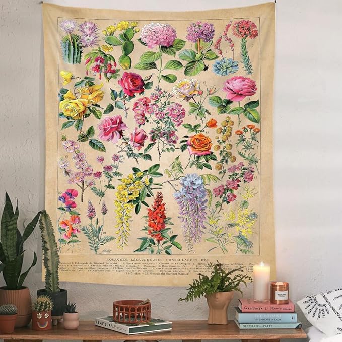 Vintage Flowers Tapestry 48”x36”, Long Vertical Wall Hanging Reference Illustrative Botanical Tapestries for Bedroom Aesthetic Floral Tapistry Botanical Plants Tapestry Wall Hanging Cute Bedroom Decor