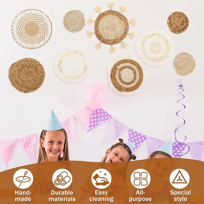 HJJWNDDNG 9 Pack Boho Wall Basket Decor Set, Hanging Woven Seagrass Rattan Wicker Boho Wall Decor, Round Farmhouse Wall Hanging Baskets Rustic Flat Wall Art for Living Room Bedroom Kitchen (Style 3)