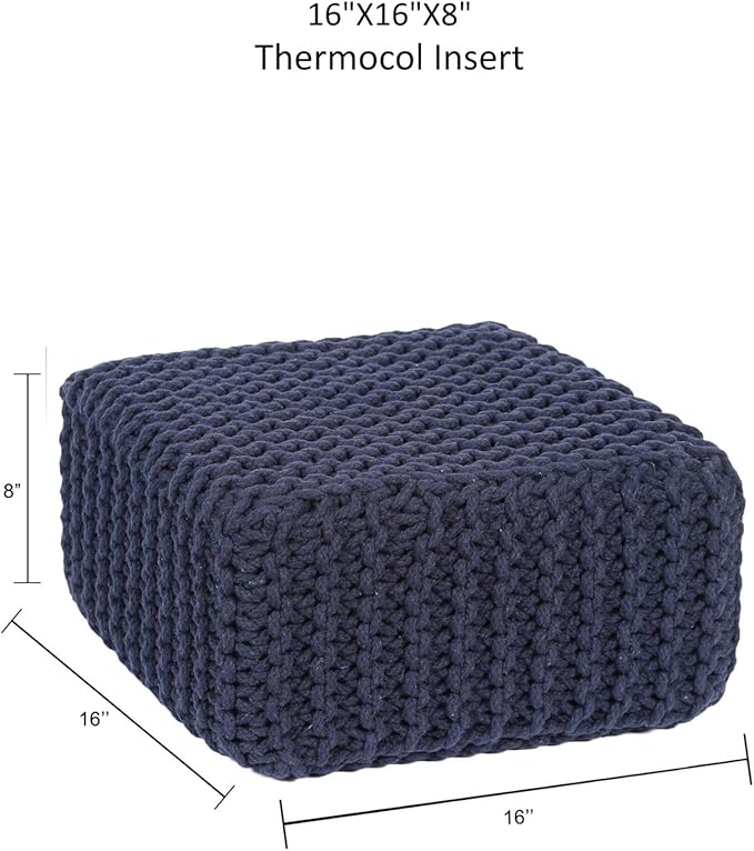 REDEARTH · Cube Low Pouf Foot Stool Ottoman - Hand Knitted Poof - Cord Boho Pouffe - Home Décor - Stuffed Footrest for Living Room - Nursery - Bedroom - Patio (16" x 16" x 8") - Navy Blue, Set of 2