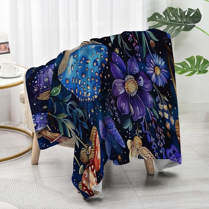 Cute Whimsical Mushroom Throw Blanket Aesthetic Dark Botanical Florals Throw,Witchy Gifts for Women,Gothic Gifts,Soft Cozy Warm Moth Witchy Plush Blanket Throw for Women Girls Mom 30"x40"