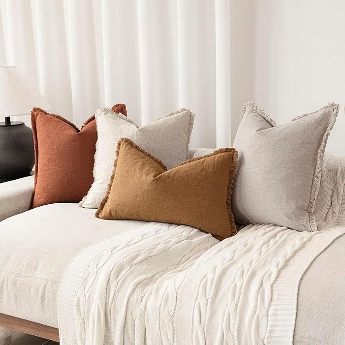 Foindtower Set of 2 Decorative Linen Fringe Throw Pillow Covers Farmhouse Cushion Cover with Tassels Soft Accent Pillowcase for Couch Chair Sofa Bed Living Room Home Decor,22×22 Inch,Fall Rust Orange