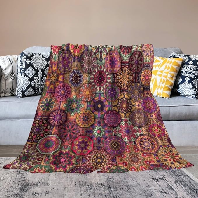 Mandala Indian Bohemian Throw Blanket Paisley Purple Floral Boho Abstract Tribal Blanket for Sofa Bed Couch Chair Or Dorm 30"x40"