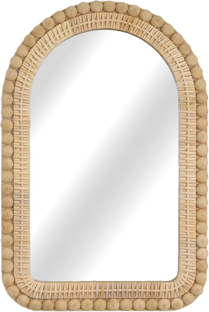 Arched Rattan Wall Mirror – 16x24 Inch Boho Elegance with Woven Frame and Wooden Bead Trim, Decorative Mirror for Bathroom Vanity Entryway Living Room