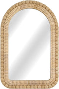 Arched Rattan Wall Mirror – 16x24 Inch Boho Elegance with Woven Frame and Wooden Bead Trim, Decorative Mirror for Bathroom Vanity Entryway Living Room
